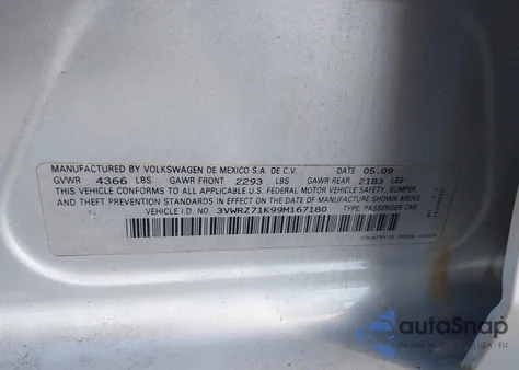 2009 Volkswagen Jetta Se z USA, uszkodzony, nr VIN 3VWRZ71K99M167180